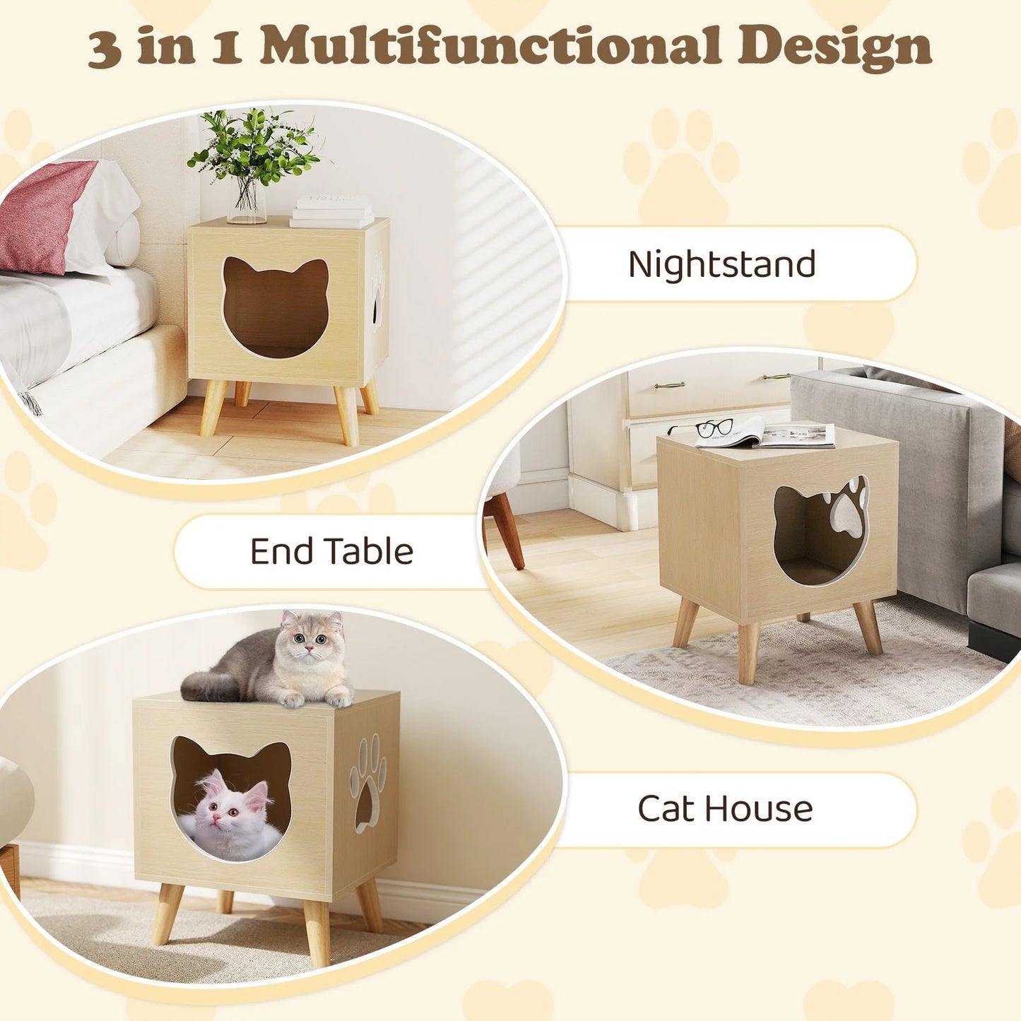 Cat Litter Box Enclosure with Rubber Wood Legs and Detachable Top