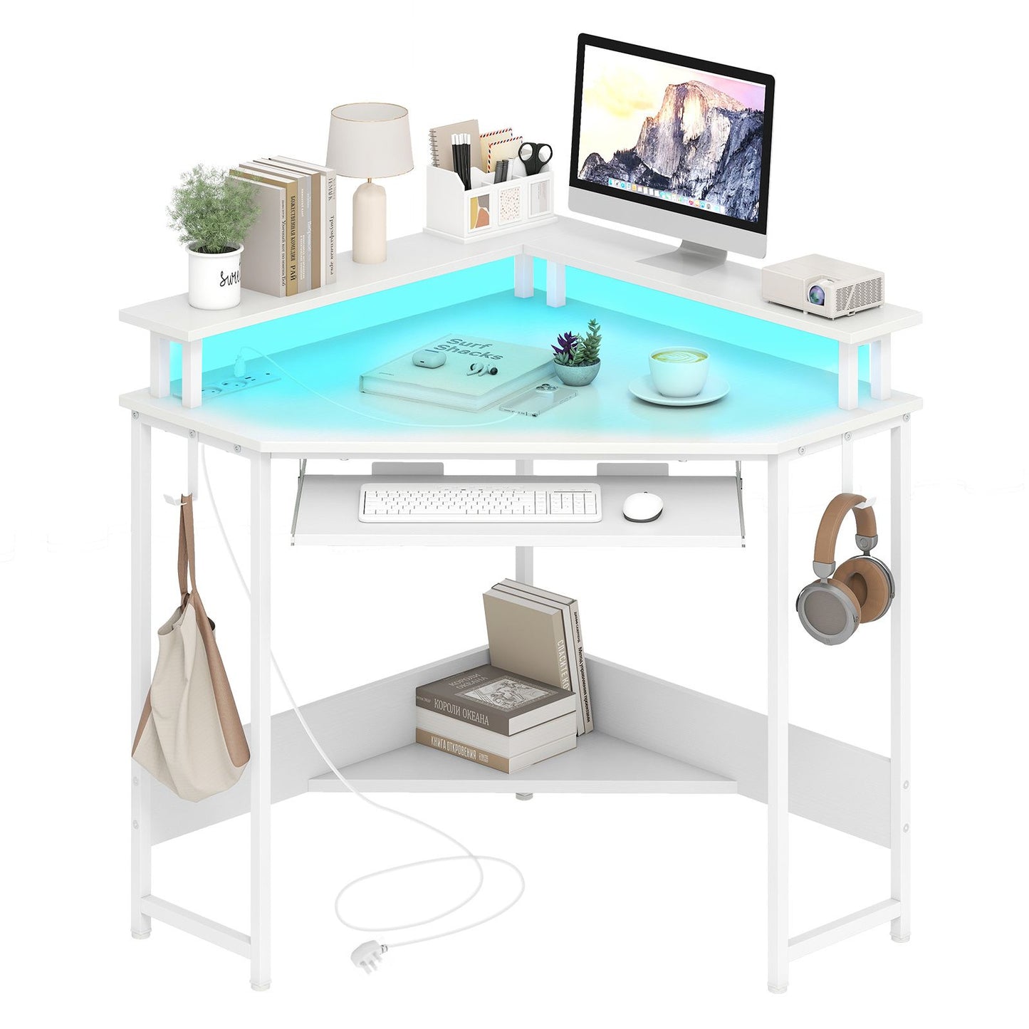 Computer Corner Desk with LED Charging Station and Monitor Stand