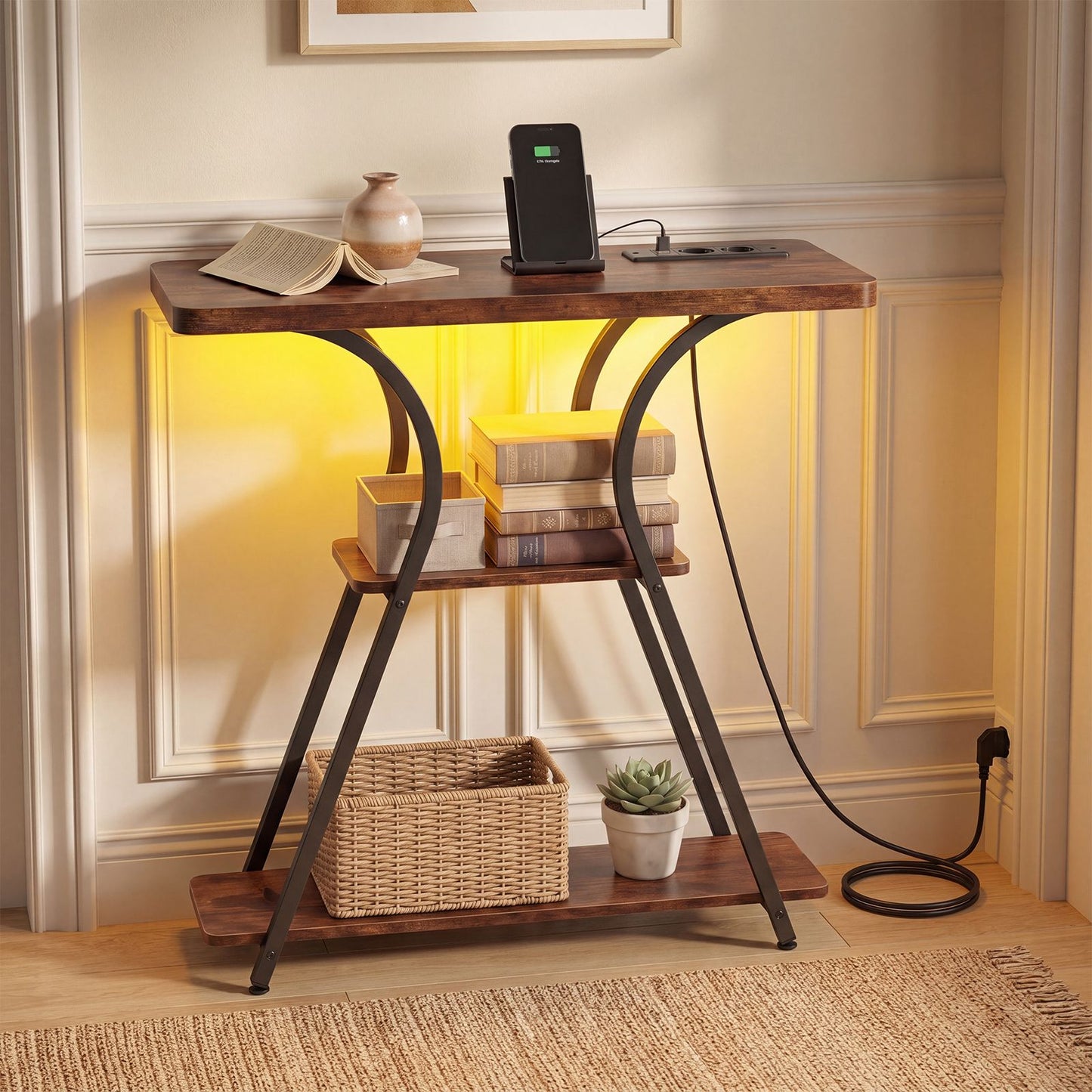 Console Table with LED Light and Power Outlet, 3-Tier Narrow Entryway Table