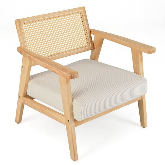 Corduroy Accent Chair with Upholstered Seat and Rattan Back