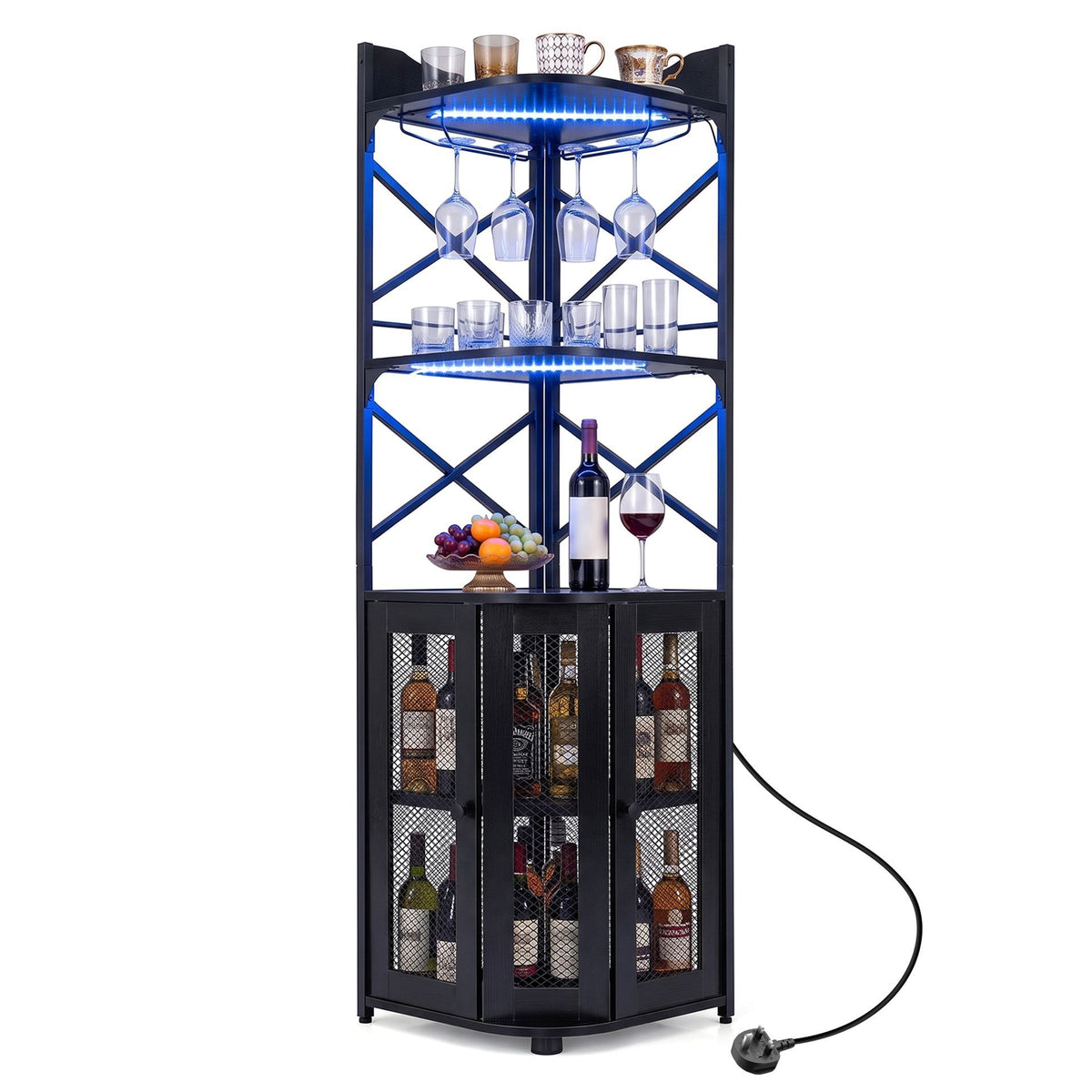 Corner Bar Cabinet with LED Lights Power Outlet and Glass Holder Storage Shelves