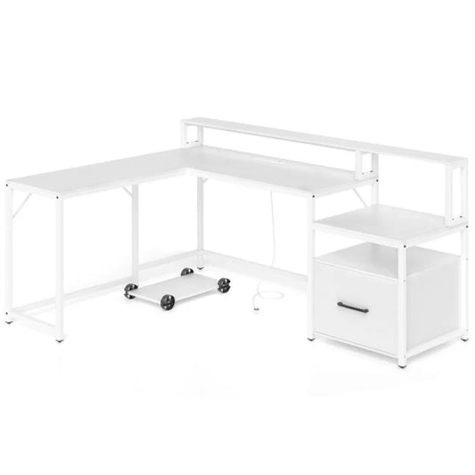 L-shaped Desk with Power Outlet and File Drawer