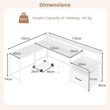 L-shaped Desk with Power Outlet and File Drawer