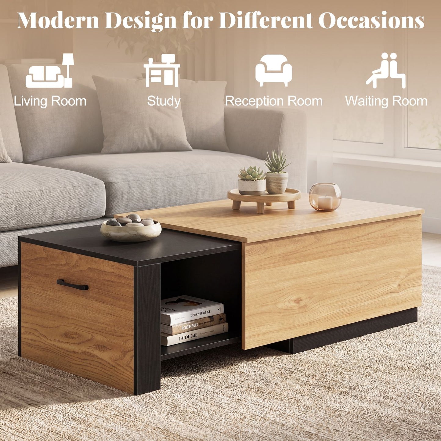 Dual-Tone Extendable Coffee Table with 2 Storage Compartments