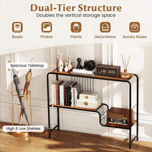 2-Tier Console Table with Storage Shelf and Metal Frame