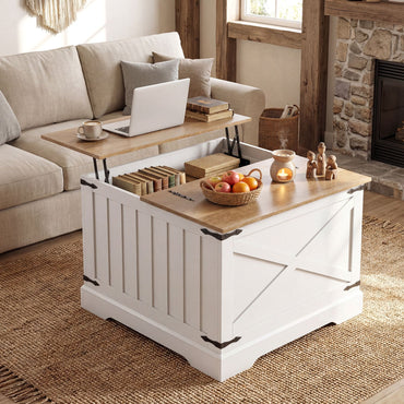 Farmhouse Lift Top Coffee Table 80CM Square Center Table with Hidden Storage Compartment