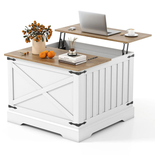 Farmhouse Lift Top Coffee Table 80CM Square Center Table with Hidden Storage Compartment