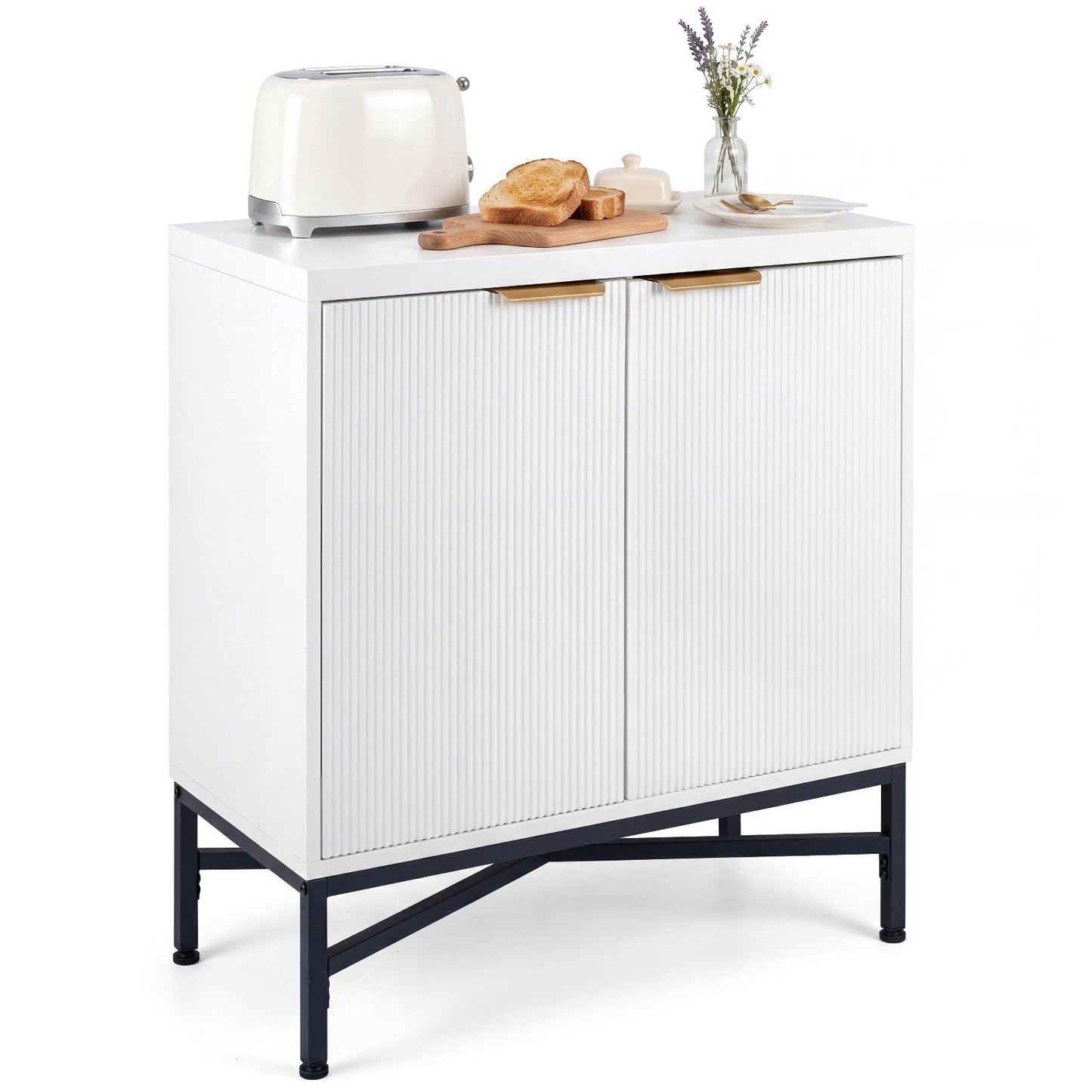 Fluted Sideboard Buffet Cabinet with 2 Doors and Adjustable Shelf