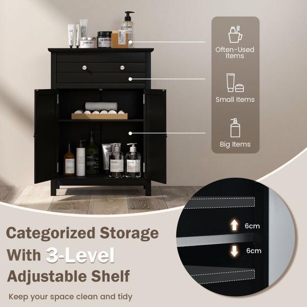 Freestanding Floor Storage Cabinet with Drawer and Adjustable Shelf