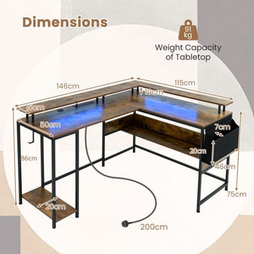 L-Shaped Gaming Desk with LED Lights and Power Outlets