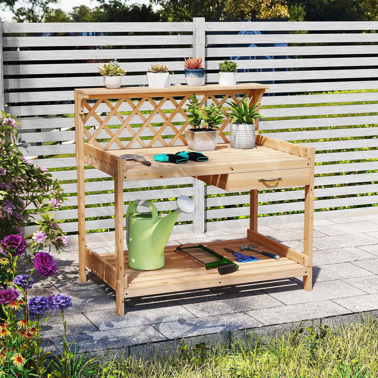 Garden Potting Bench Table with Lattice Trellis and Removable Drawer