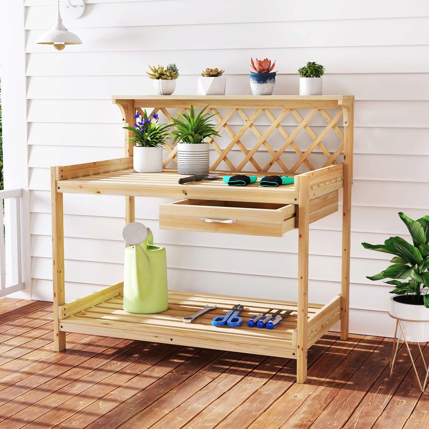 Garden Potting Bench Table with Lattice Trellis and Removable Drawer