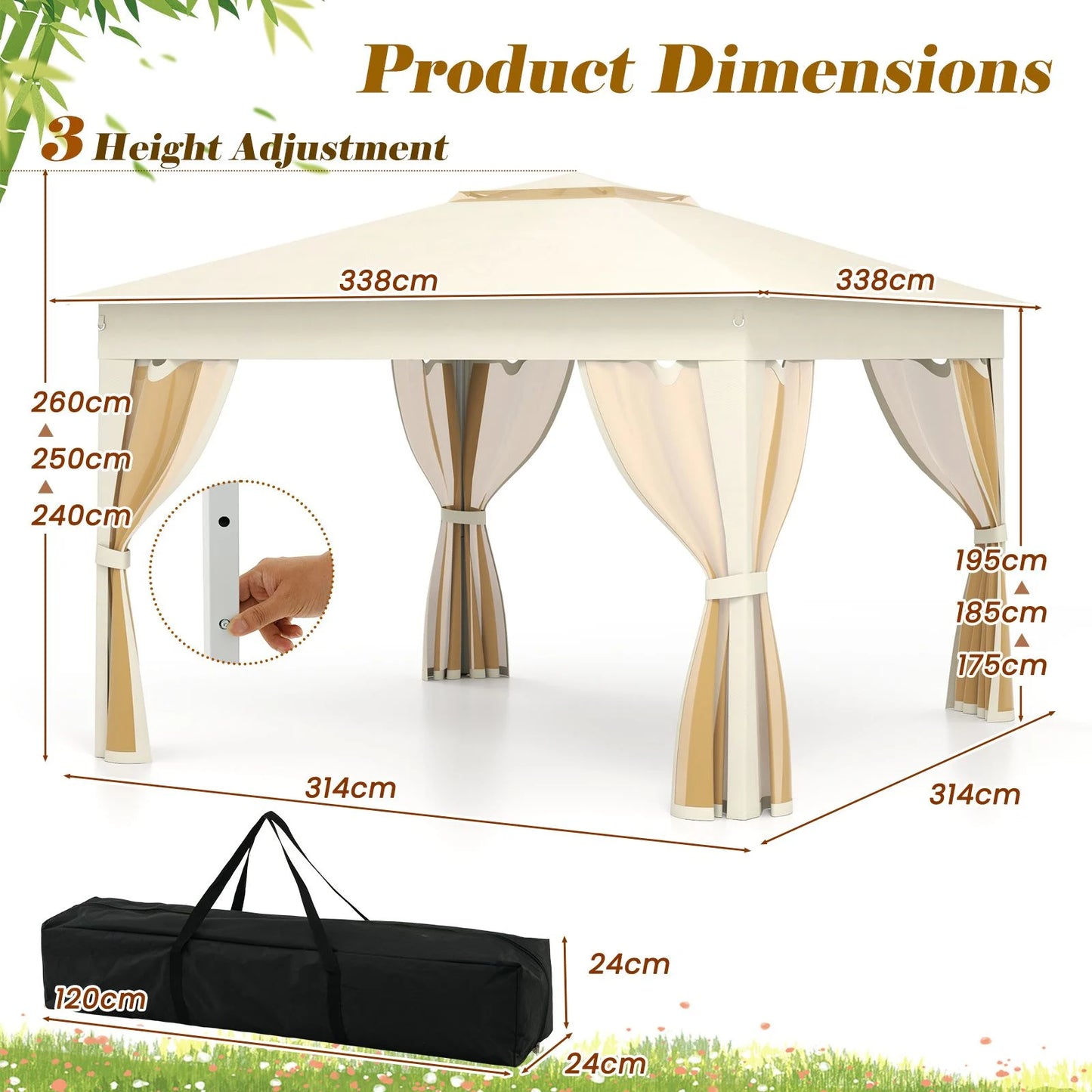 338 x 338 CM Pop Up Gazebo with Mesh Netting and Double Roof