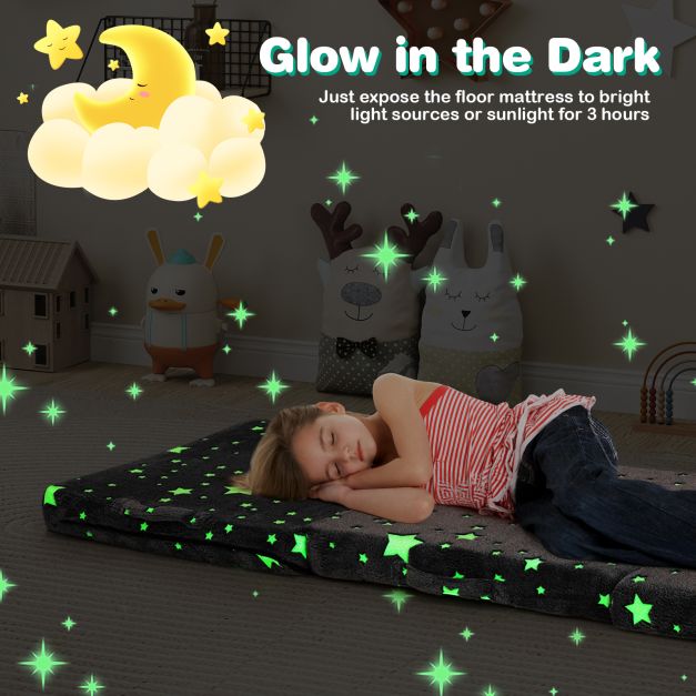 Kids Glow in the Dark Foldable Floor Mattress with Washable Flannel Cover