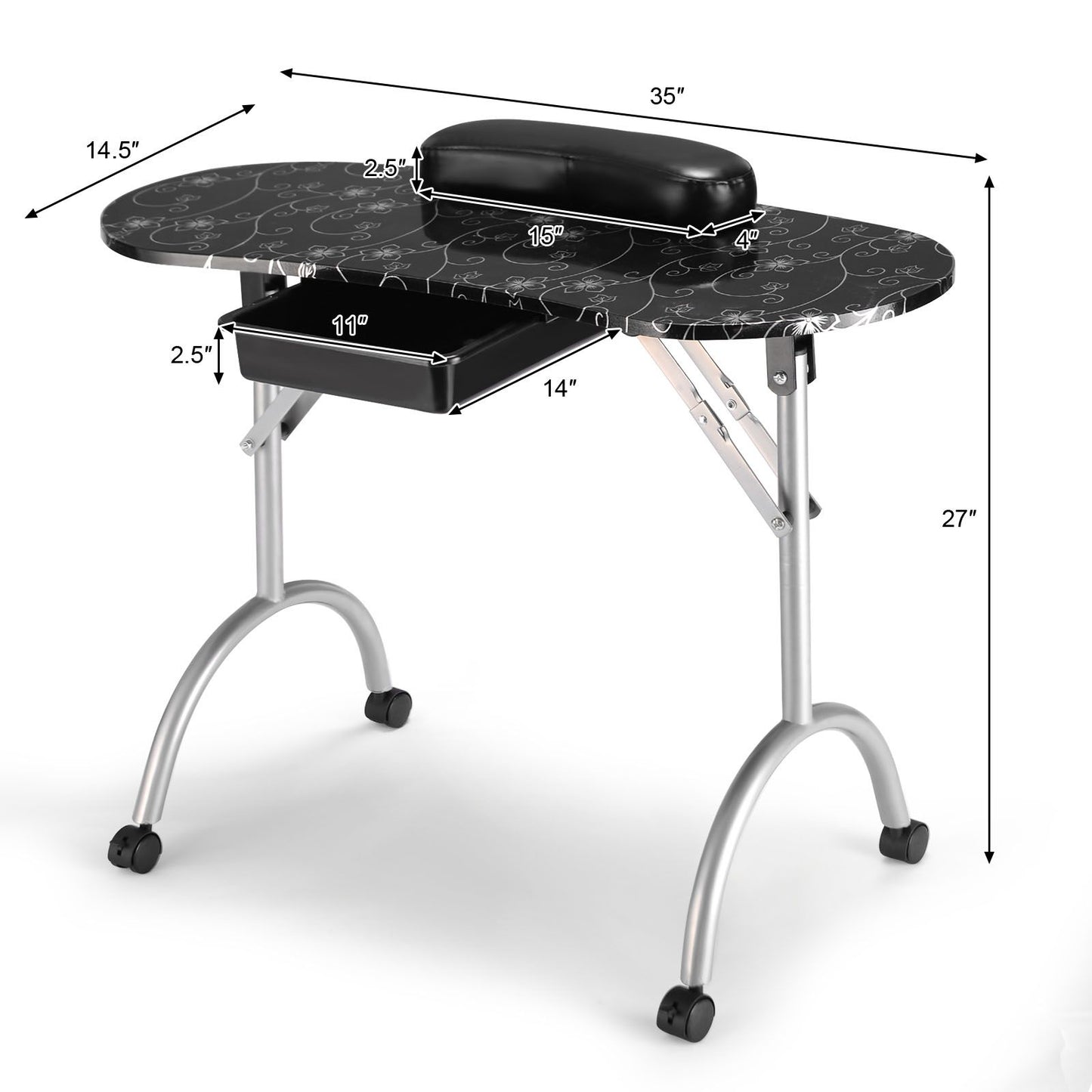 Portable Nail Table Station Manicure Tech Desk Nails Art Table 4 Rolling Wheels