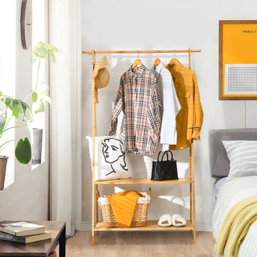 Bamboo Garment Rack with Hanging Rod 2 Shelves and Hooks