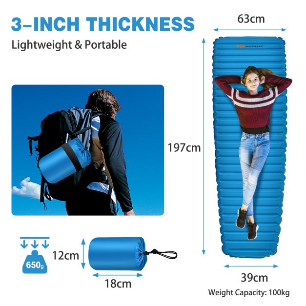 7cm Thick Inflating Camping Mat with Carrying Bag for Backpacking and Hiking