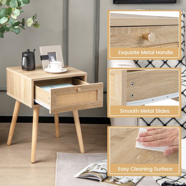 Boho Bedside Table with Hand-woven Rattan Decoration