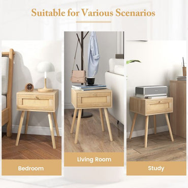 Boho Bedside Table with Hand-woven Rattan Decoration