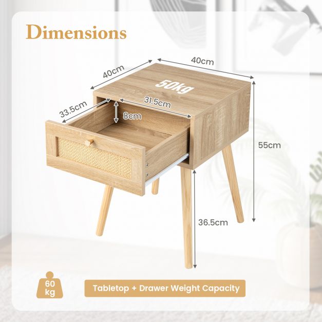 Boho Bedside Table with Hand-woven Rattan Decoration