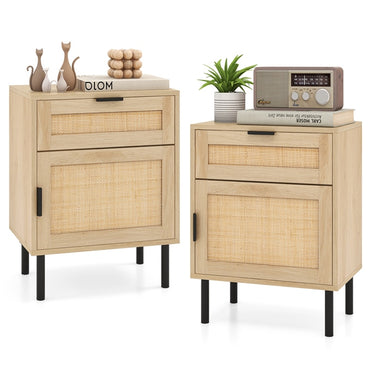 Set of 2 Rattan Nightstand with Drawer and Cabinet and Metal Legs