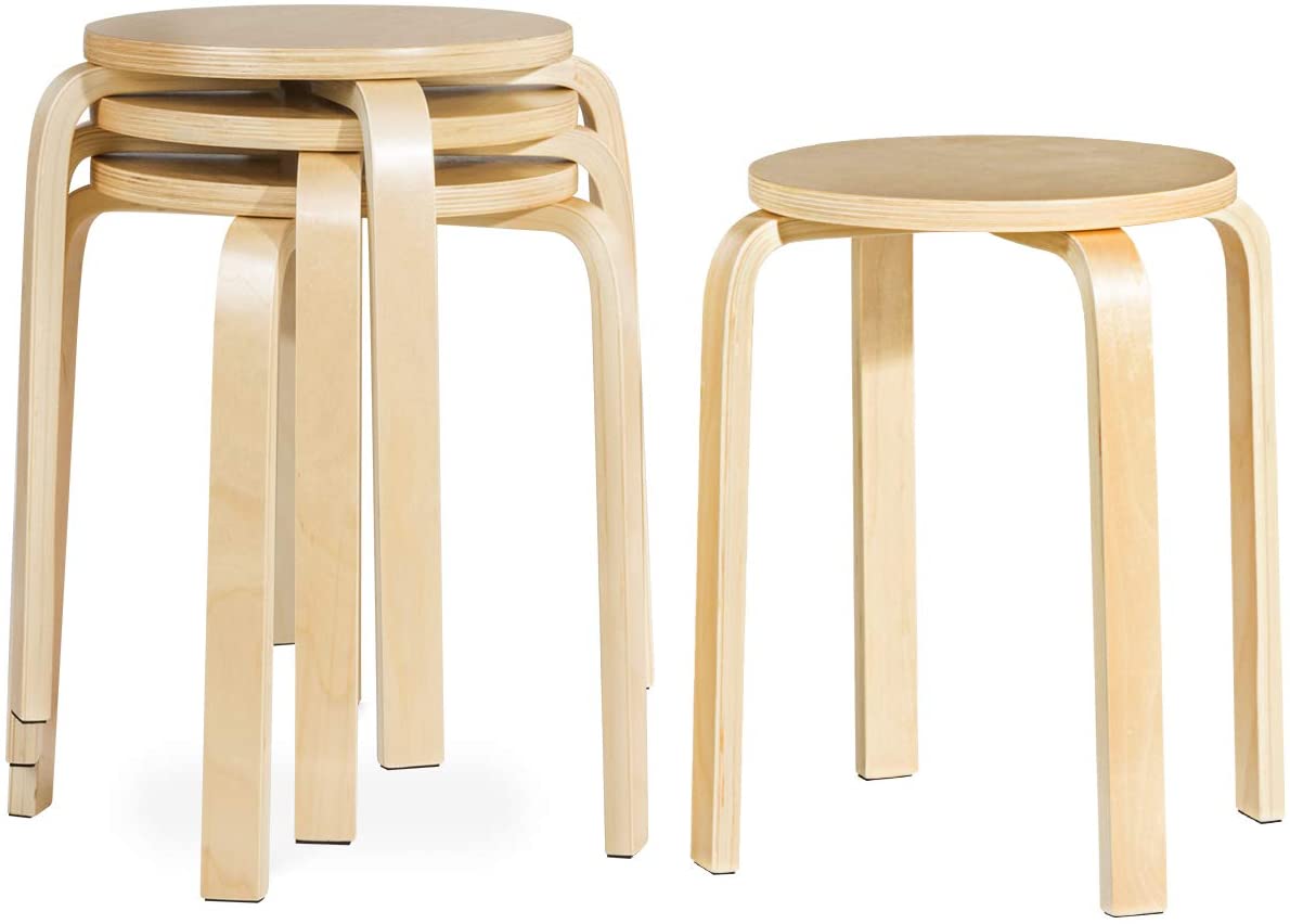 Set of 4 Stacking Wooden Stools, Upholstered Round Bar Stool with Non-Slip Foot Mat, Breakfast Dining Chair for Home Kitchen Office