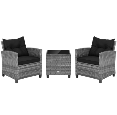 3 Pieces Metal Frame Garden Coffee Table and Sofa Chairs Set with Cushions