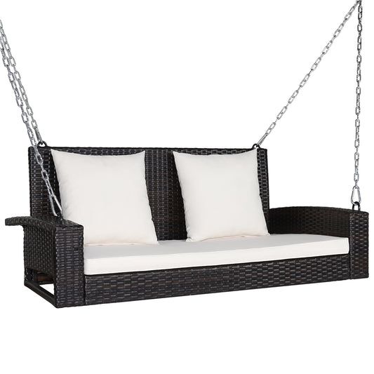 2-Seat Patio Rattan Porch Swing with Two Solid Steel Chains