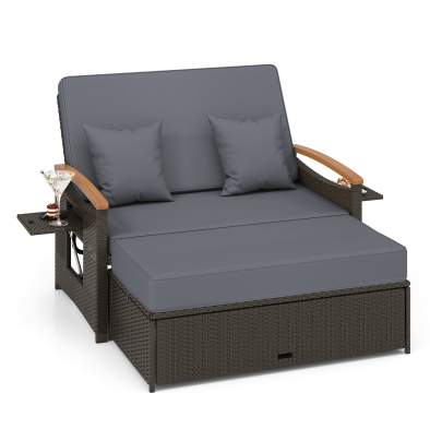 Patio Double Chaise Lounger Sun Bed with 4-Level Adjustable Back