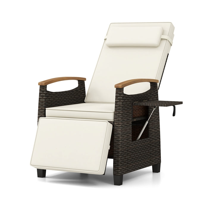 Patio Rattan Lounge Chair Recliner with Adjustable Footrest and Side Table