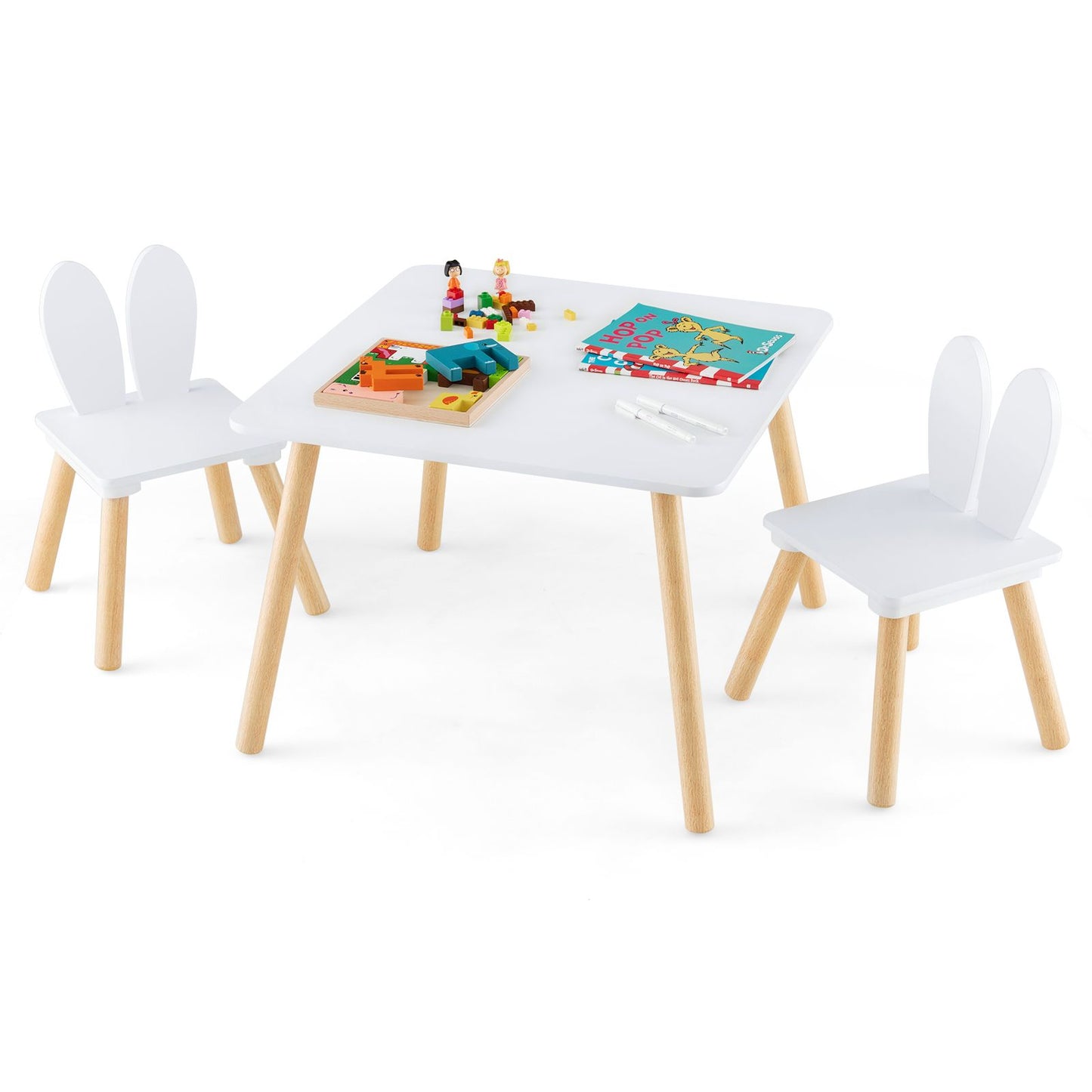 Kids Wooden Table and Rabbit Chairs Set with Space-Saving Structure