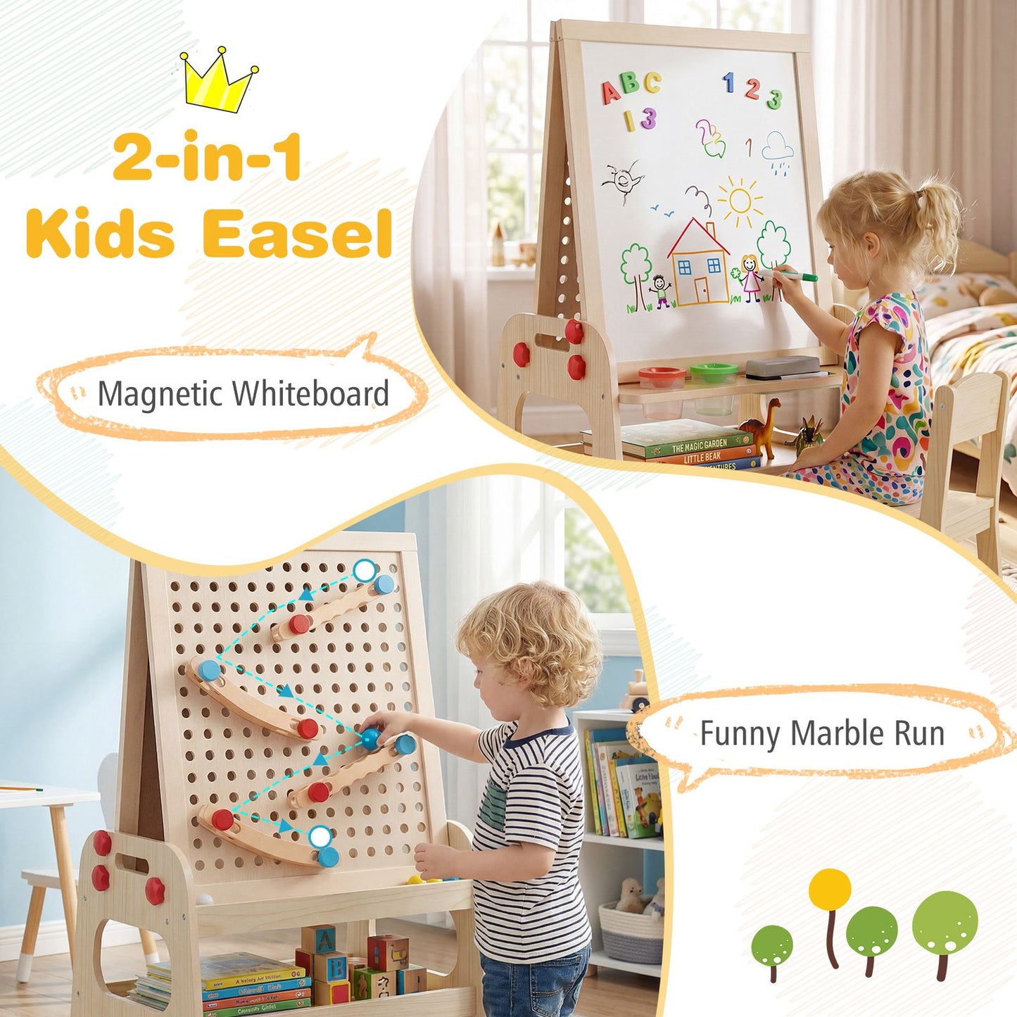 2-in-1 Wooden Easel for Kids with Magnetic Whiteboard and Marble Run Game