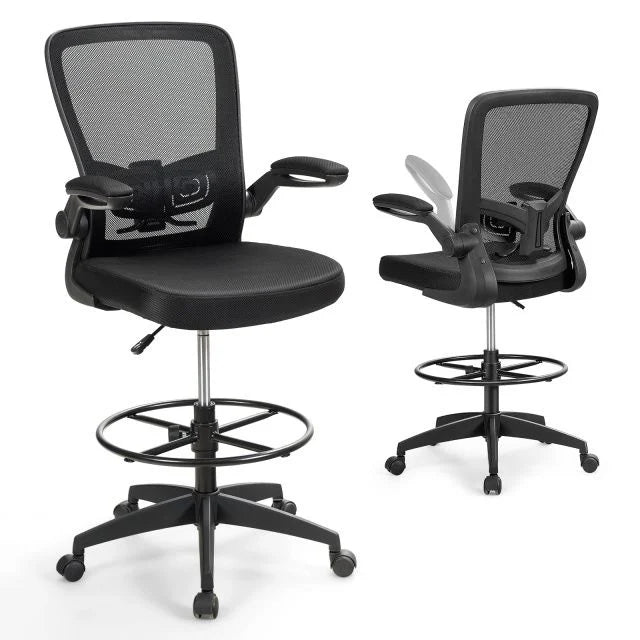 Mesh Drafting Chair, Height Adjustable Swivel Office Chair with Flip-up Armrests, Footrest and Lumbar Support