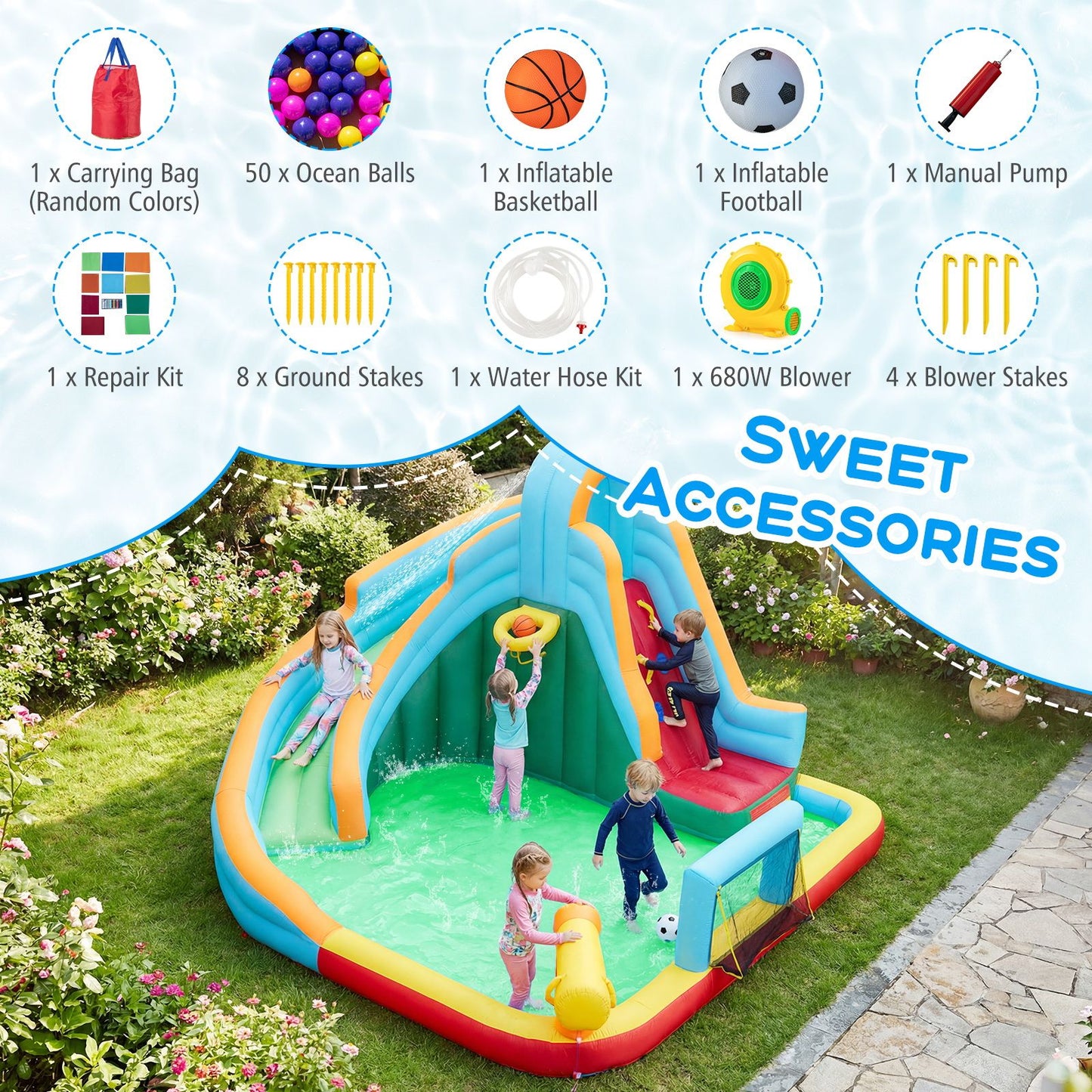 Inflatable Water Slide with 680W Blower for Kids Aged 3-12