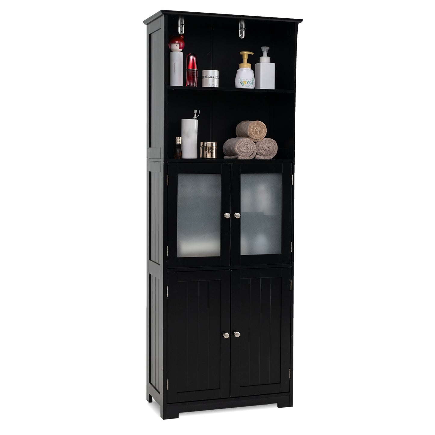 Freestanding Storage Cabinet with Tempered Glass Door and Open Shelves