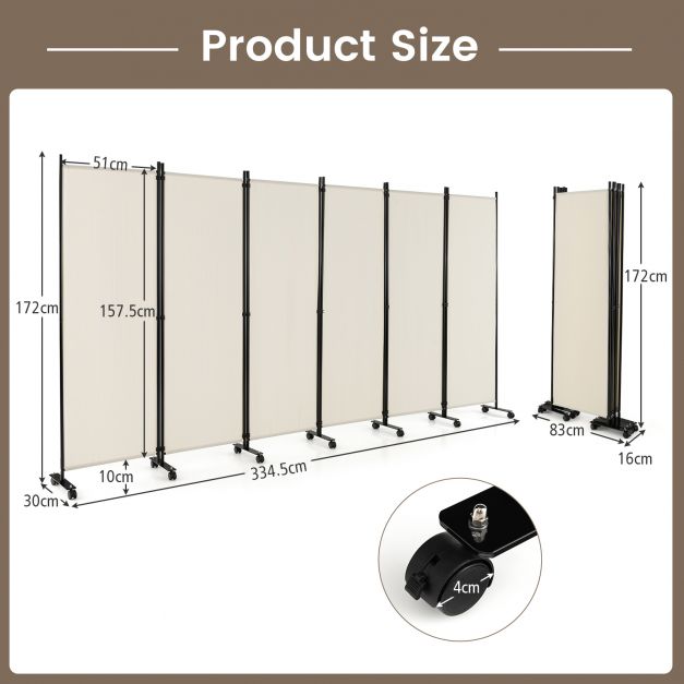 6 Panel Room Divider on Wheels