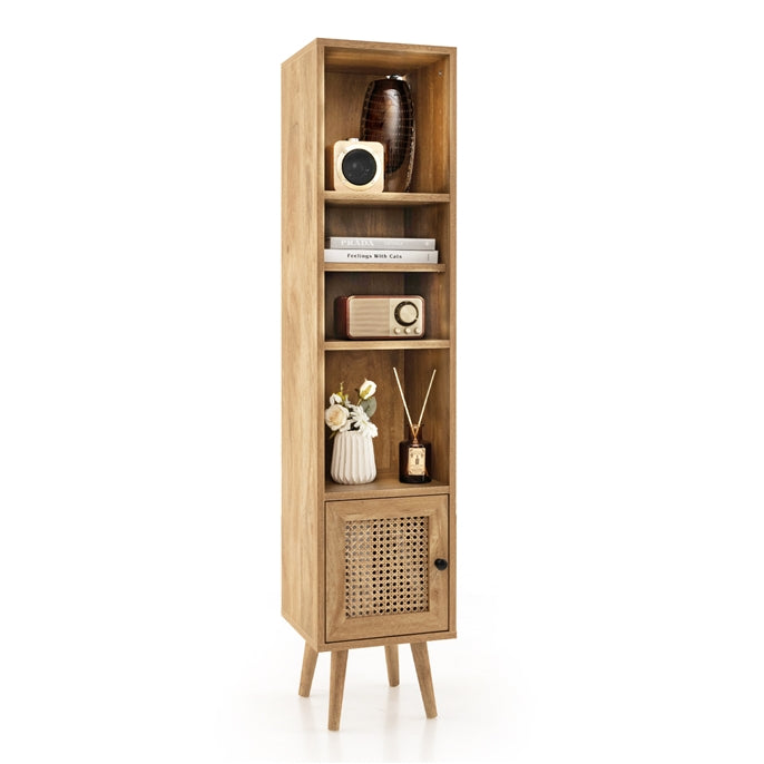 Freestanding Slim Cabinet with Rattan Door and Solid Wood Legs