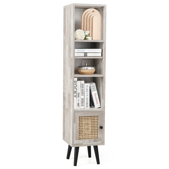 Freestanding Slim Cabinet with Rattan Door and Solid Wood Legs