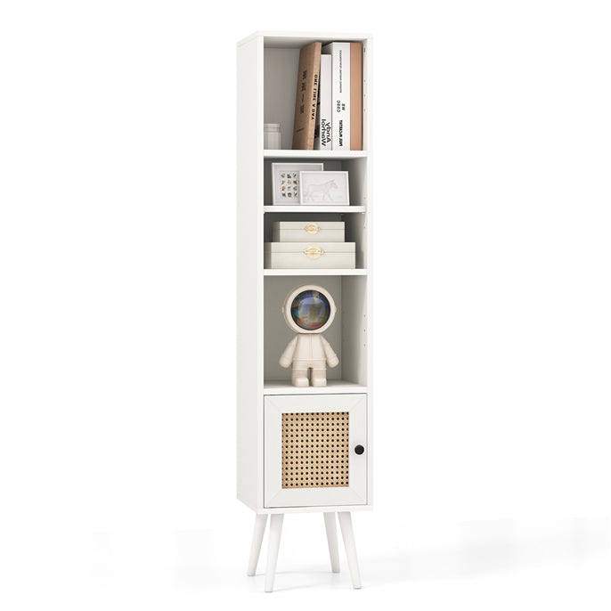 Freestanding Slim Cabinet with Rattan Door and Solid Wood Legs