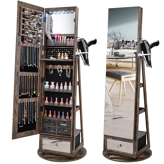 360° Swivel Lockable Jewelry Armoire Cabinet with Full-Length Mirror