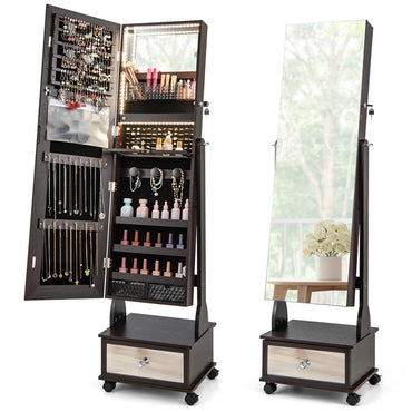 Standing Jewelry Armoire with Full-Length Mirror LED Lights and Drawers