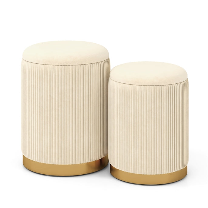 Velvet Storage Ottoman Set of 2 with Gold Stainless Steel Hoop