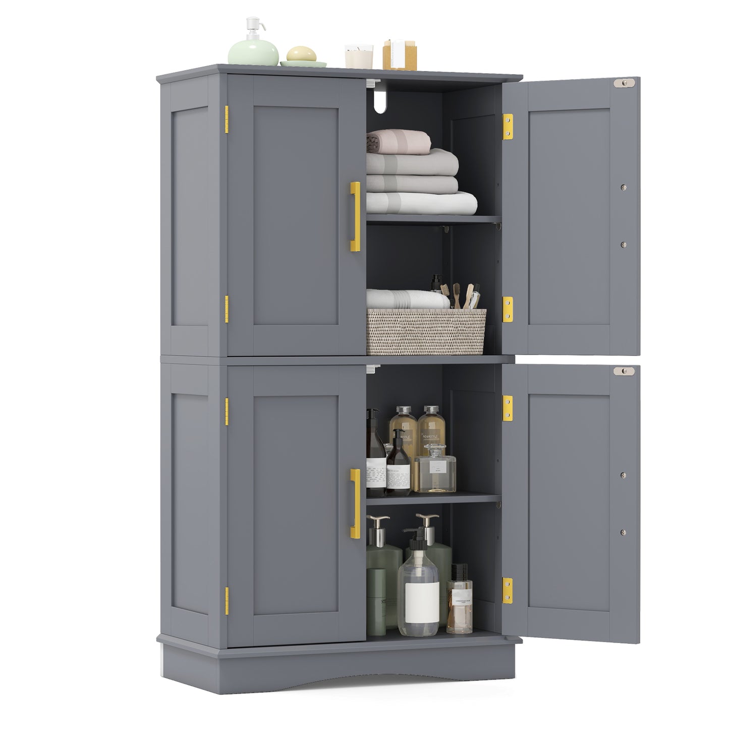 Bathroom Floor Storage Cabinet with 4 Doors and 2 Adjustable Shelves