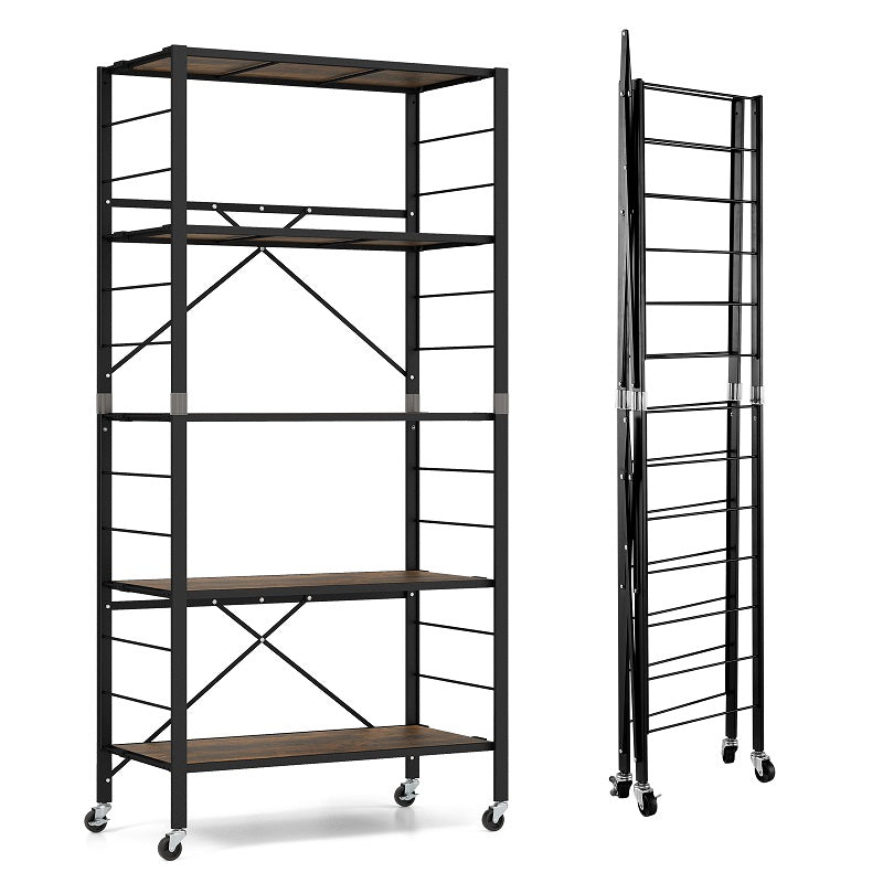 GiantexUK 5-Tier Storage Cart, Foldable Metal Frame Shelving Unit with Wheels, Adjustable Shelves & Anti-Tipping Device