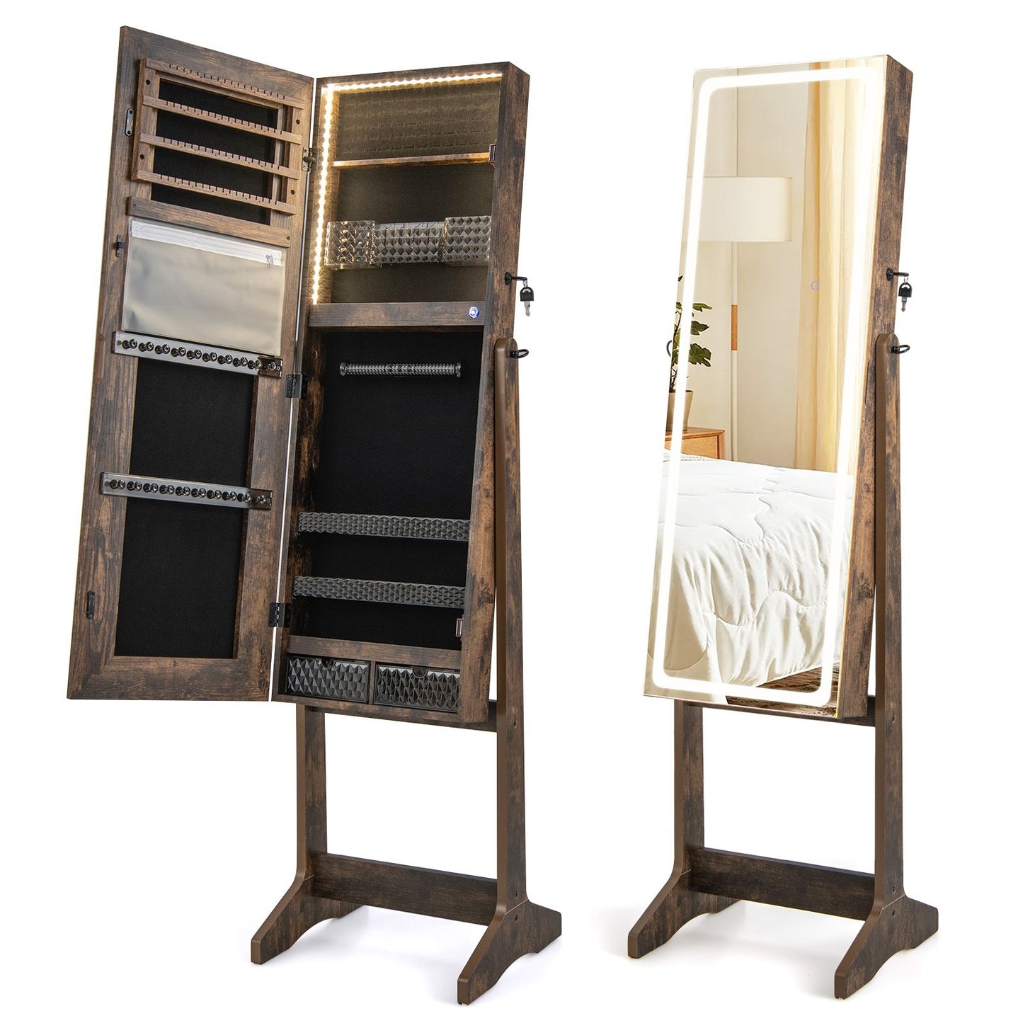 Standing Jewelry Cabinet with LED Lights Lipstick Box and 2 Drawers