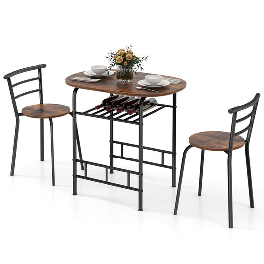 3-Piece Dining Table Set with Extra Wine Rack and Metal Frame