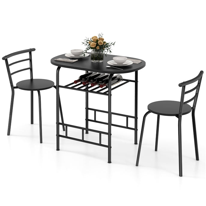 3-Piece Dining Table Set with Extra Wine Rack and Metal Frame