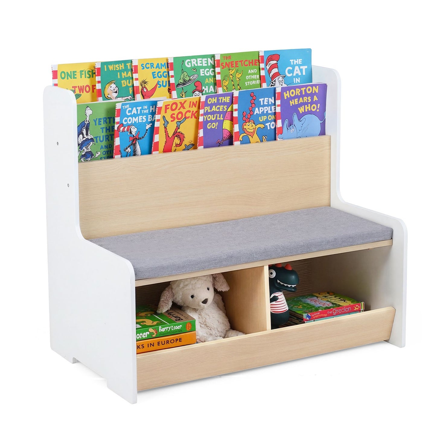 Kids Reading Nook with Bench Toddler Toy Storage Organizer with Bookshelf and 2 Cubbies
