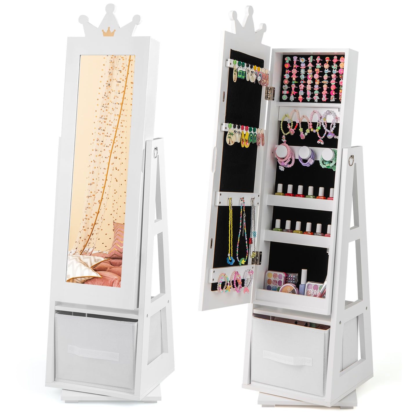 Kids Jewelry Cabinet Standing Jewelry Organizer with Full-Length Mirror