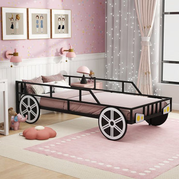 Kids Single Size Metal Car-Shaped Platform Bed Frame with Wheels